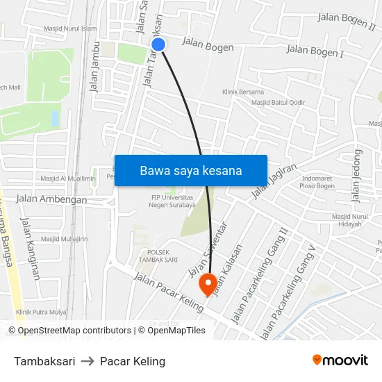 Tambaksari to Pacar Keling map
