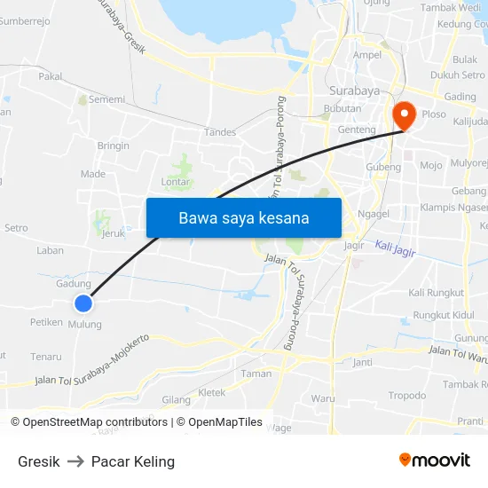 Gresik to Pacar Keling map