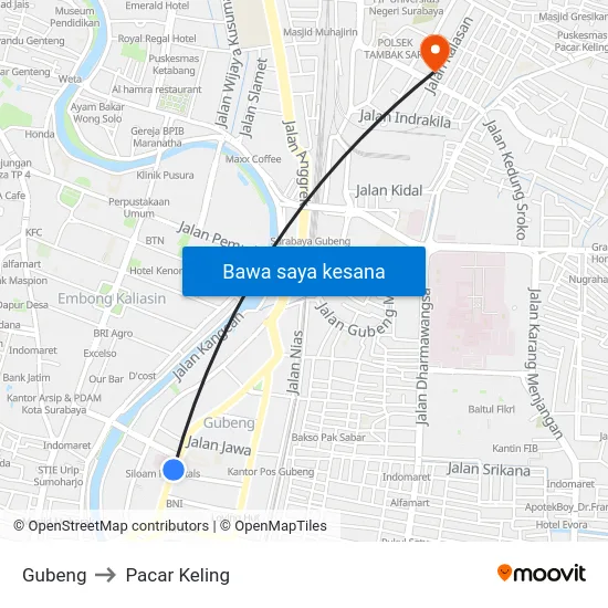 Gubeng to Pacar Keling map