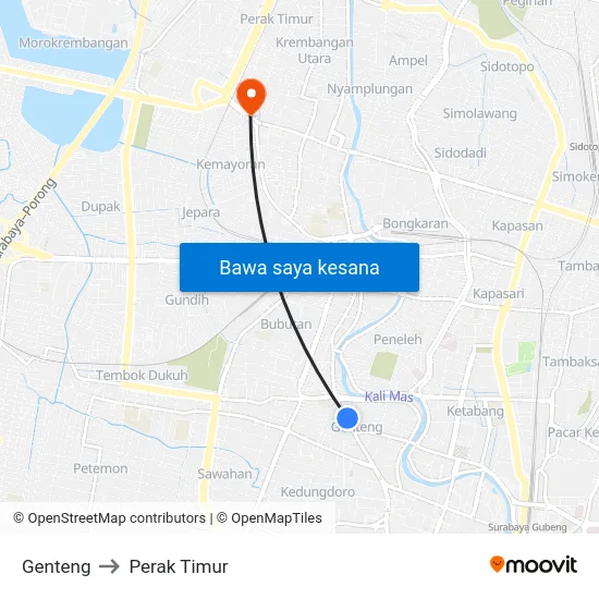 Genteng to Perak Timur map