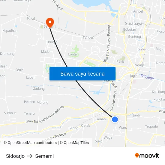 Sidoarjo to Sememi map