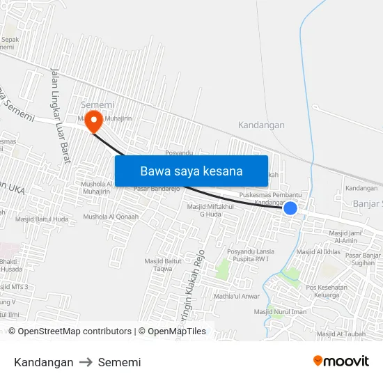 Kandangan to Sememi map