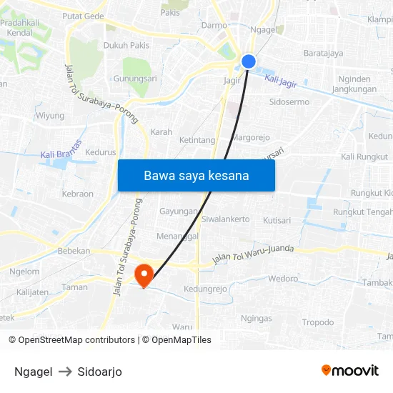 Ngagel to Sidoarjo map