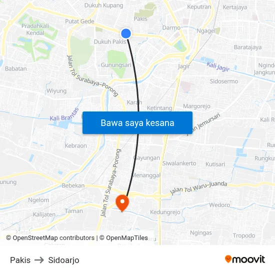 Pakis to Sidoarjo map