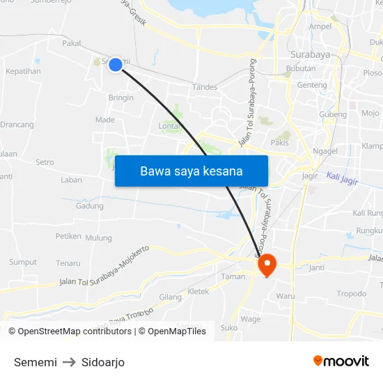Sememi to Sidoarjo map