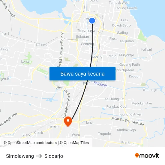 Simolawang to Sidoarjo map