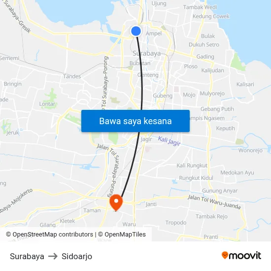 Surabaya to Sidoarjo map