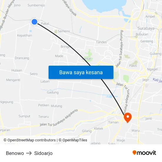 Benowo to Sidoarjo map