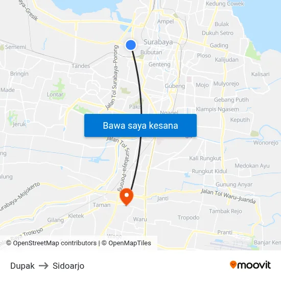 Dupak to Sidoarjo map