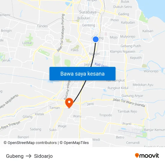 Gubeng to Sidoarjo map