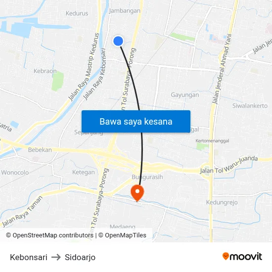 Kebonsari to Sidoarjo map
