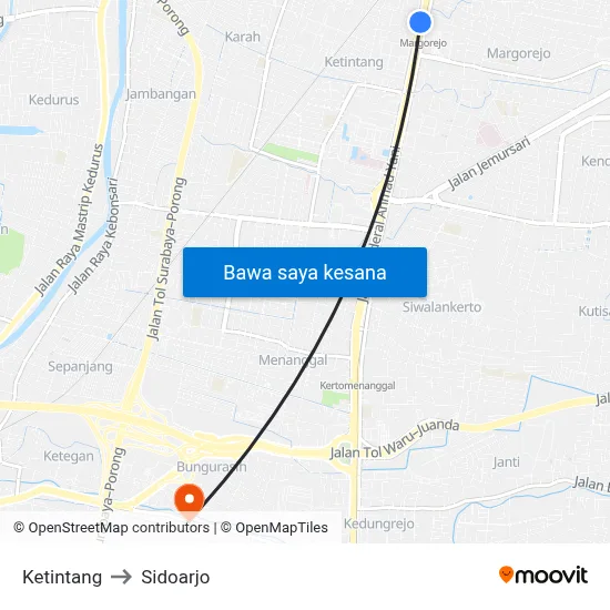 Ketintang to Sidoarjo map