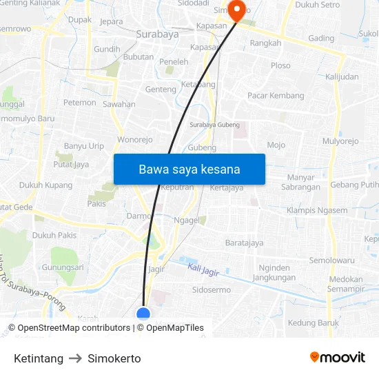 Ketintang to Simokerto map