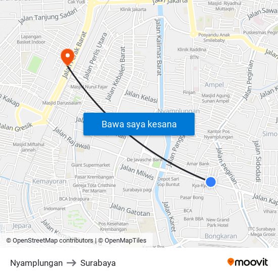 Nyamplungan to Surabaya map