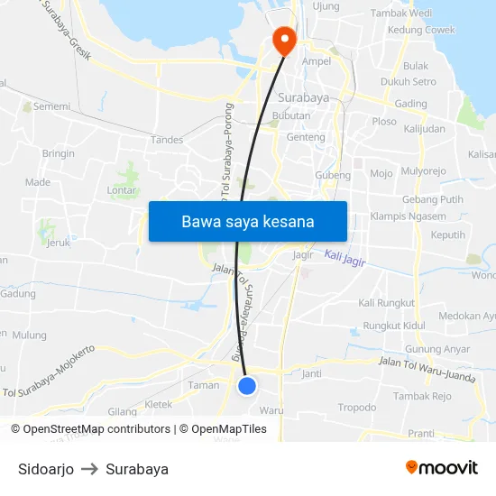 Sidoarjo to Surabaya map