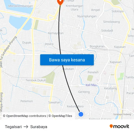 Tegalsari to Surabaya map
