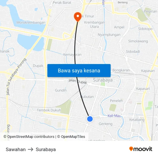 Sawahan to Surabaya map