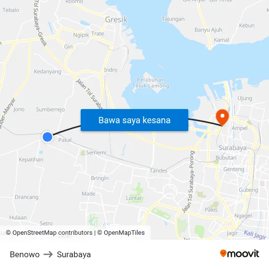 Benowo to Surabaya map