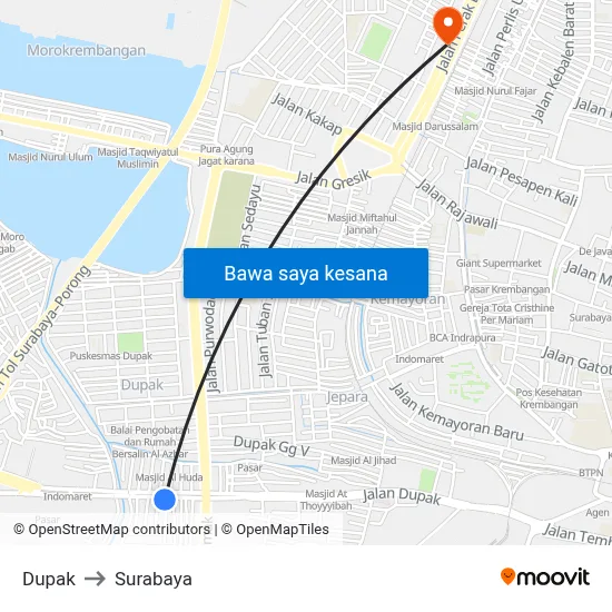 Dupak to Surabaya map