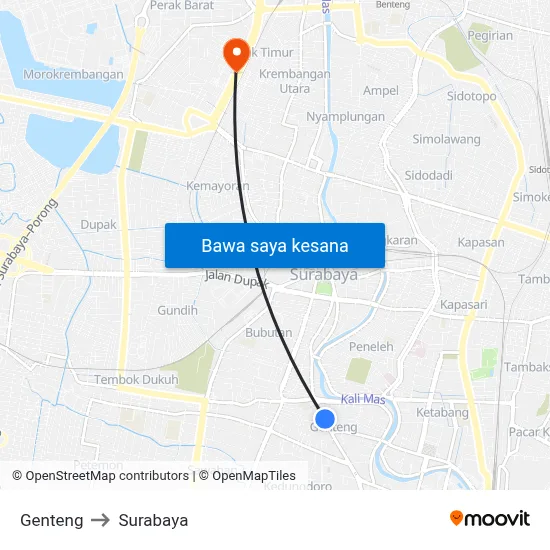 Genteng to Surabaya map