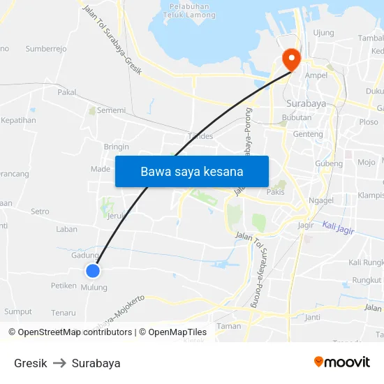 Gresik to Surabaya map