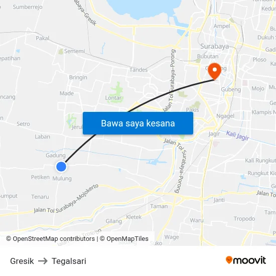 Gresik to Tegalsari map