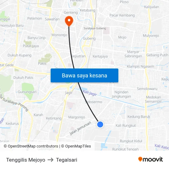 Tenggilis Mejoyo to Tegalsari map