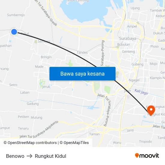 Benowo to Rungkut Kidul map