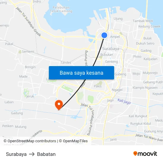 Surabaya to Babatan map
