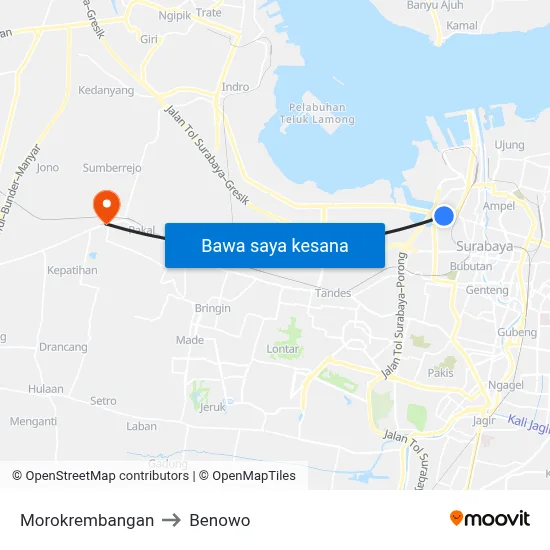 Morokrembangan to Benowo map