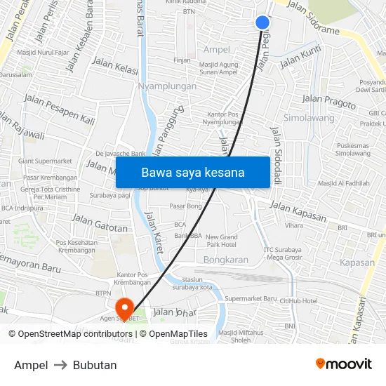 Ampel to Bubutan map