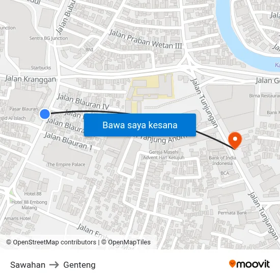 Sawahan to Genteng map