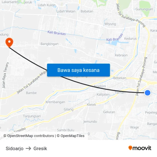 Sidoarjo to Gresik map