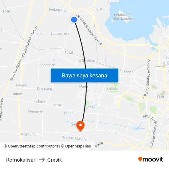 Romokalisari to Gresik map