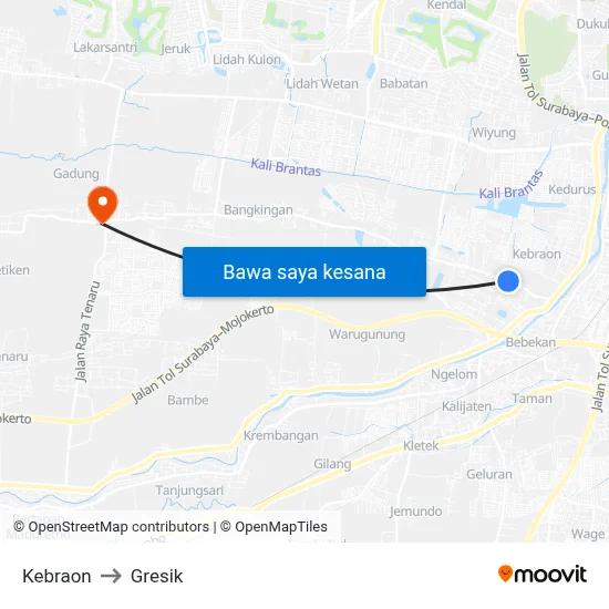Kebraon to Gresik map