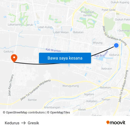 Kedurus to Gresik map