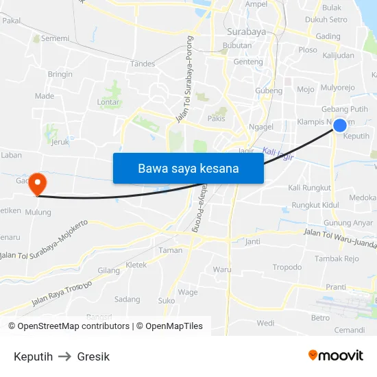 Keputih to Gresik map