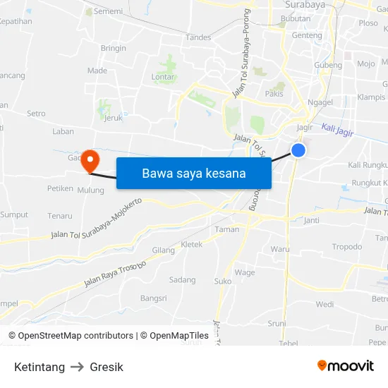Ketintang to Gresik map