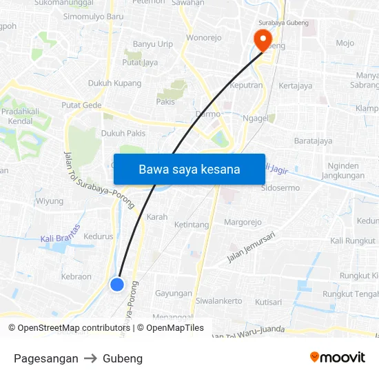 Pagesangan to Gubeng map