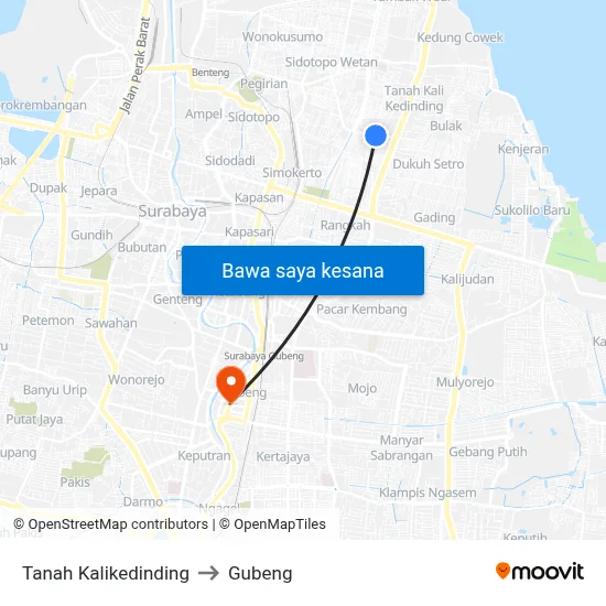 Tanah Kalikedinding to Gubeng map