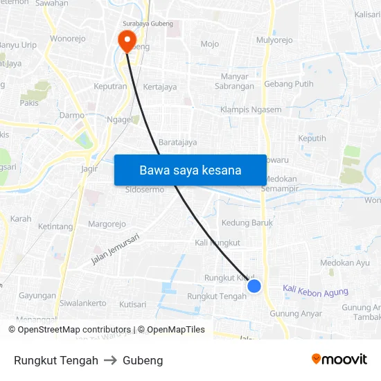 Rungkut Tengah to Gubeng map