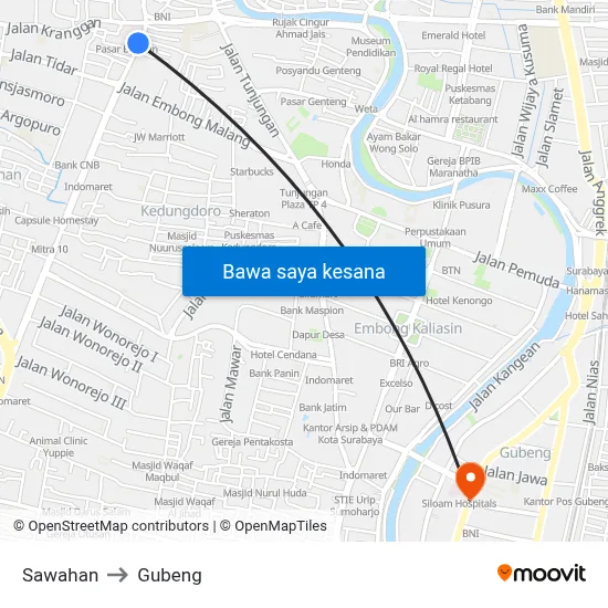 Sawahan to Gubeng map