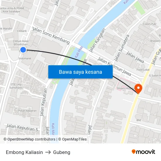 Embong Kaliasin to Gubeng map