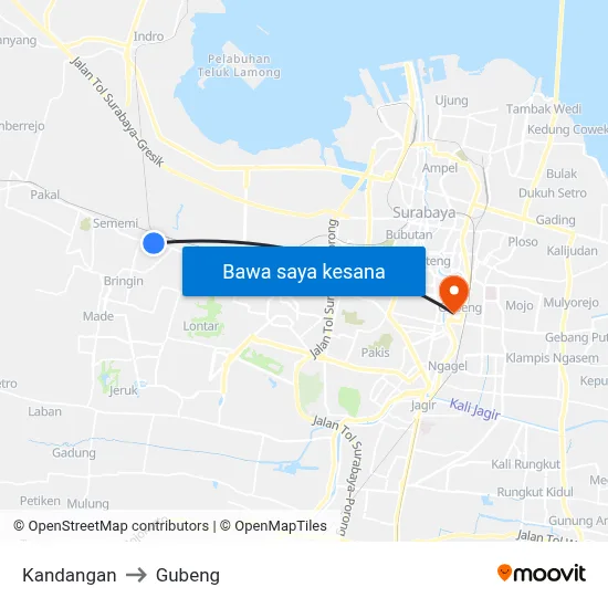 Kandangan to Gubeng map
