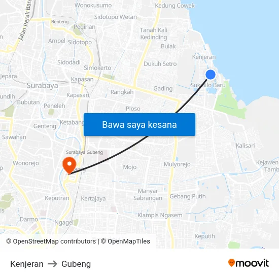 Kenjeran to Gubeng map