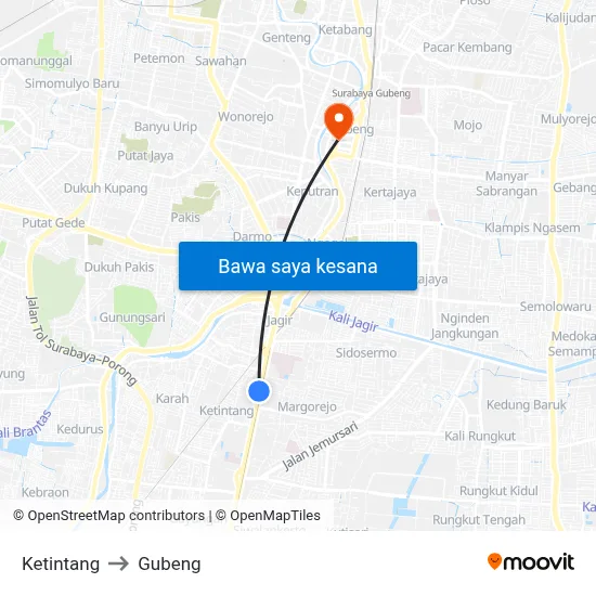 Ketintang to Gubeng map