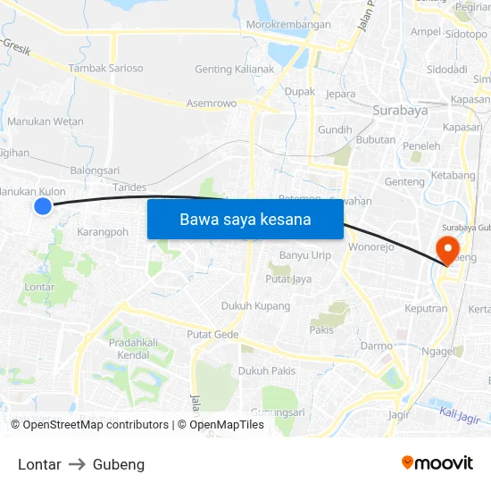 Lontar to Gubeng map
