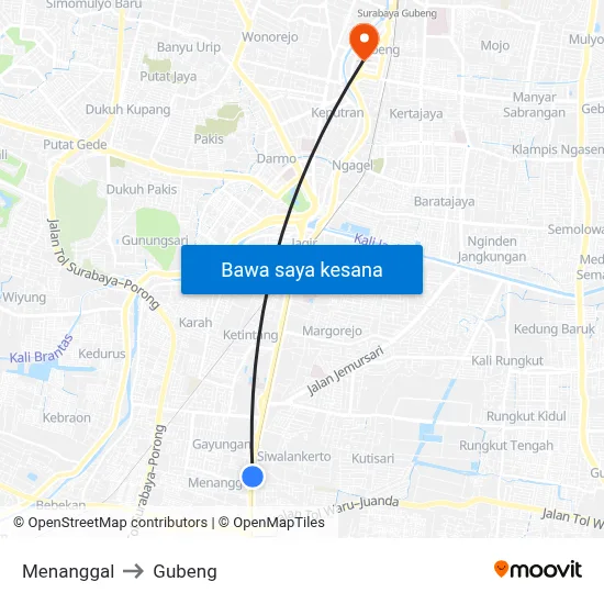 Menanggal to Gubeng map