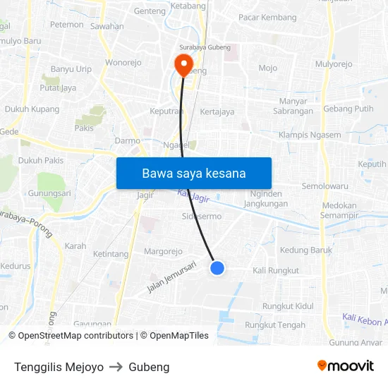 Tenggilis Mejoyo to Gubeng map
