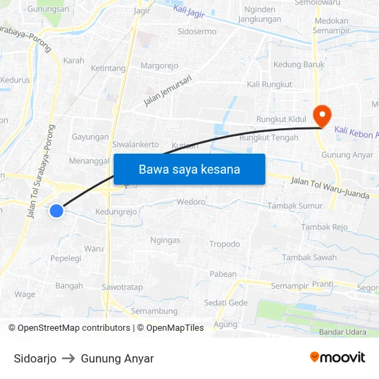 Sidoarjo to Gunung Anyar map